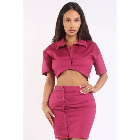 Women's Casual Short Sleeve Collared Button Shirt And Matching Slit Skirt Set - Picture 8 of 9